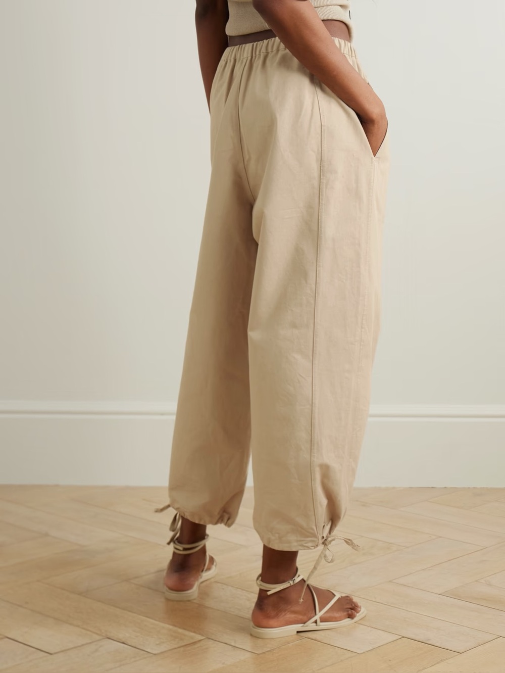 DEIJI STUDIOS Beige Tie Detailed Slub Bottom Pants - Picture 2 of 5